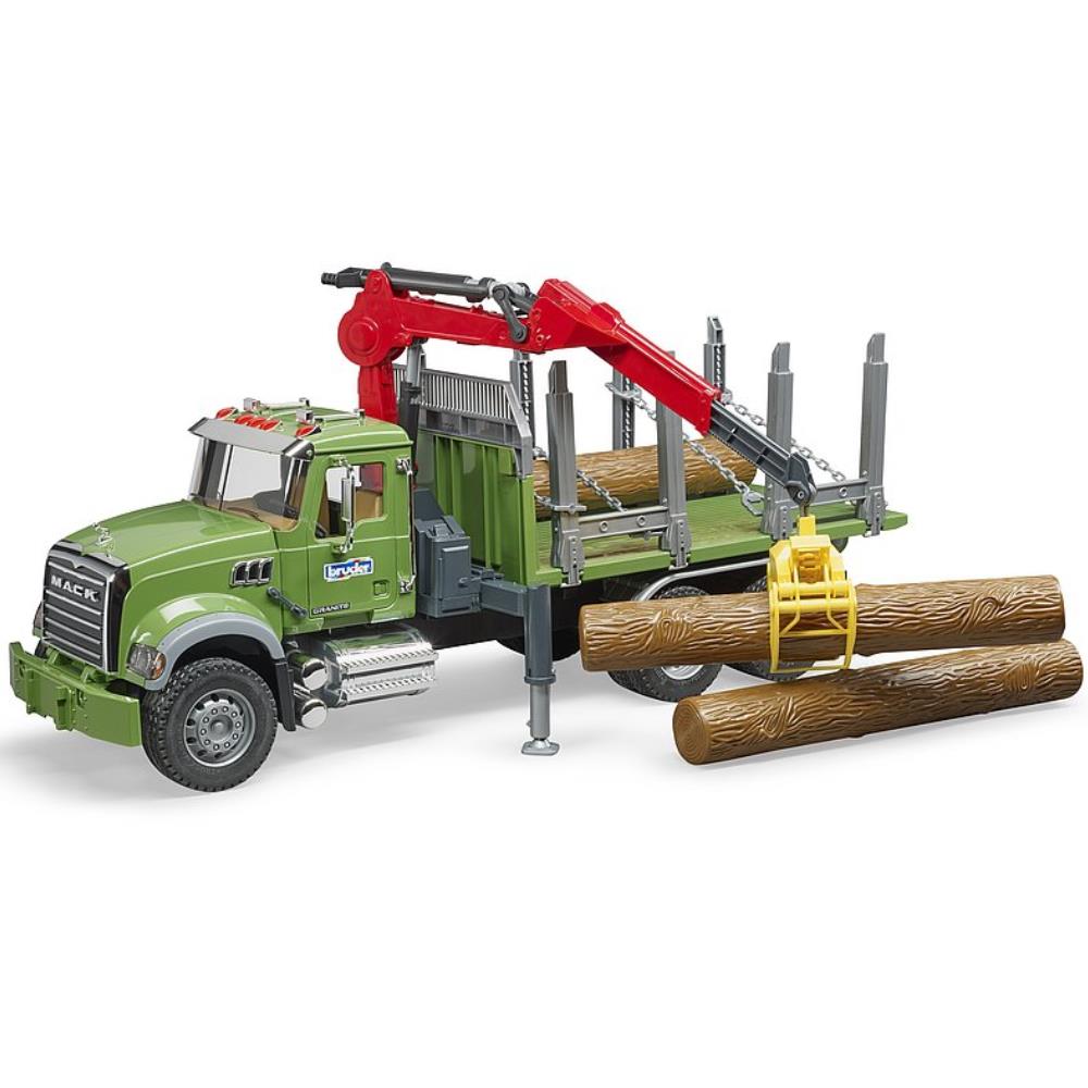 Bruder Mack Granite Holztransport-LKW mit Ladekran, Greifer & Baumstämmen