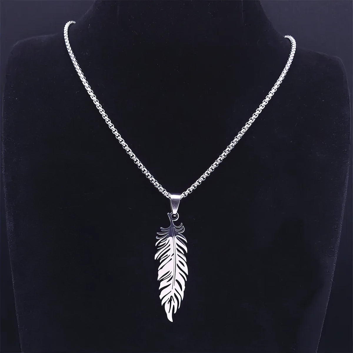 *Perlstein Boho Feder Halskette, Edelstahl, Silber, 50 cm