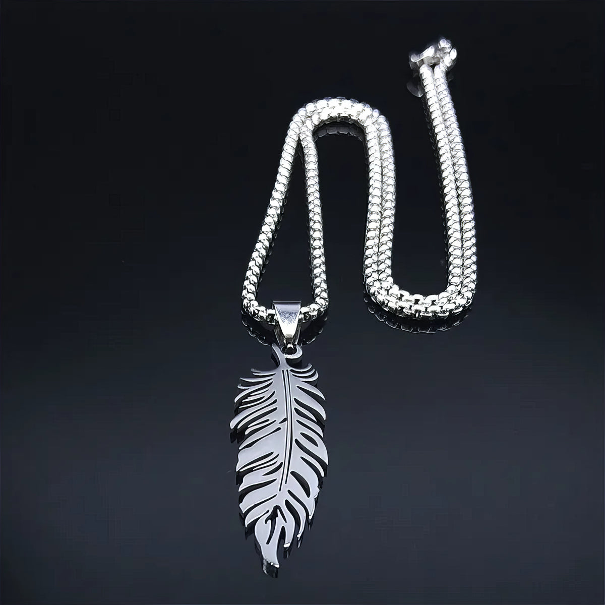 *Perlstein Boho Feder Halskette, Edelstahl, Silber, 50 cm